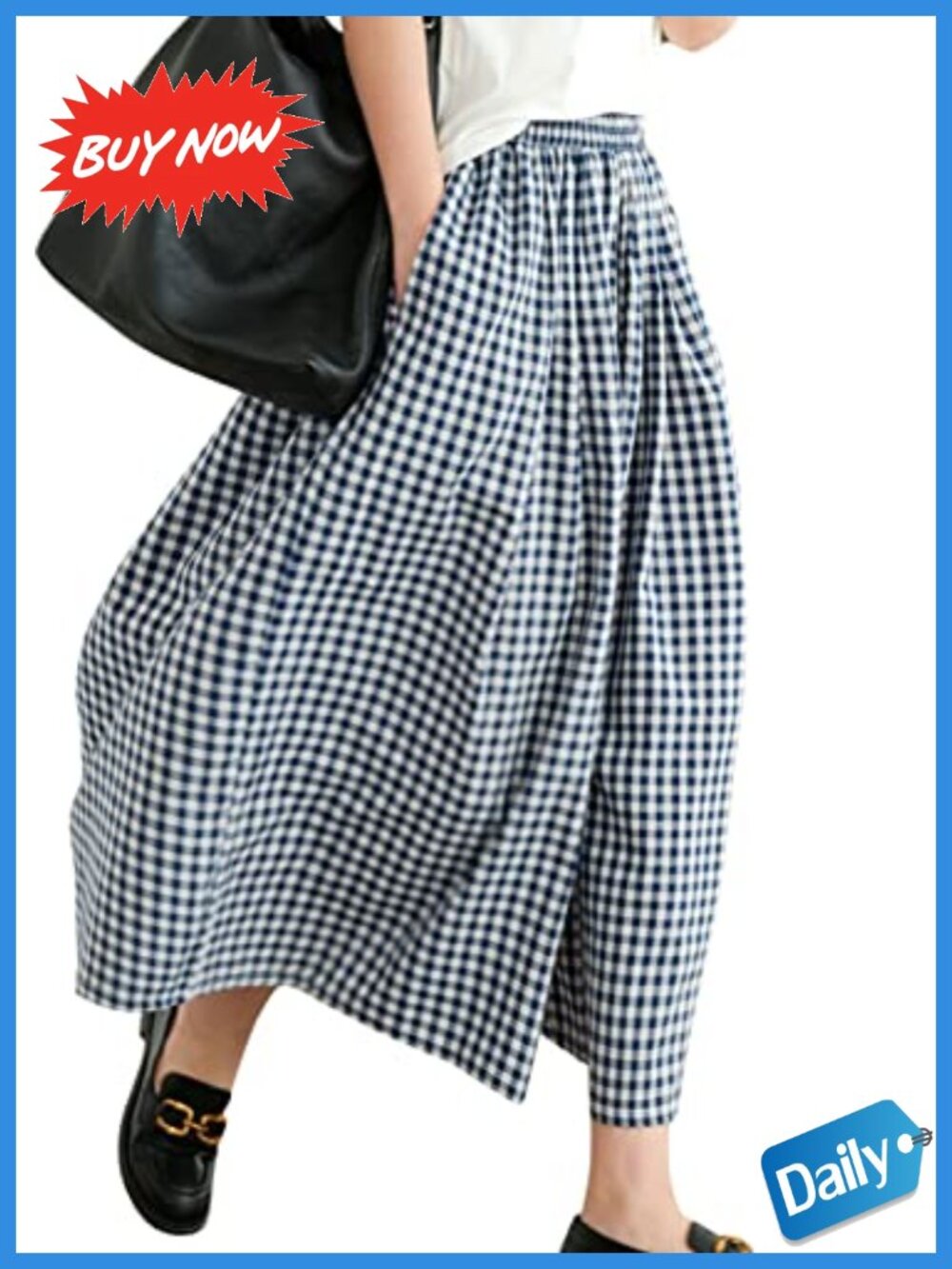 Women's Cotton Linen Wide Leg Capri Pants Elastic Waist Plaid Palazzo